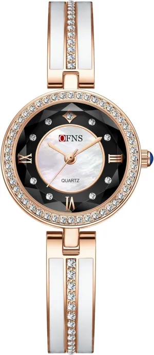 Quartz Watches for Women Elegant Vintage Pearl Dial Ladies Analog Wristwatch White Black CARLIEN Rose Gold Dainty vein formation Luxury Rhinestone Bangle Bracelet 