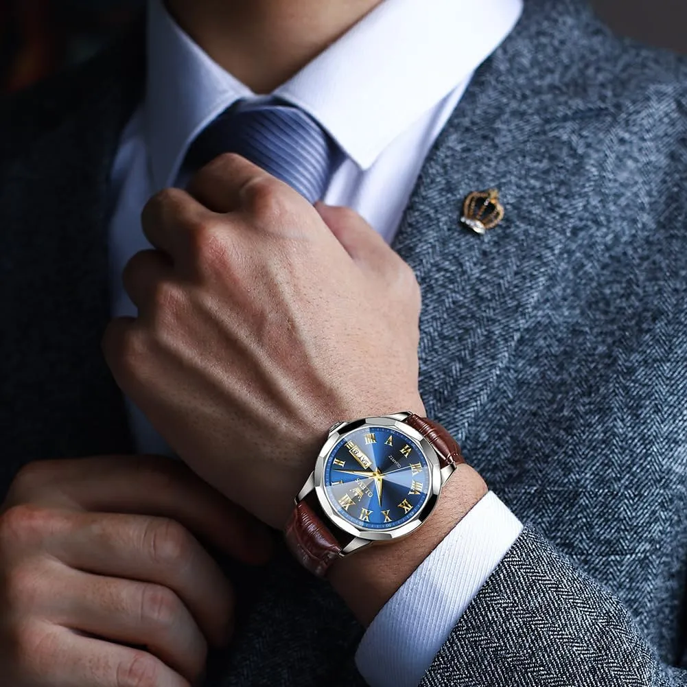 Quartz Watches, Leather Strap Gold Case with Day Date, Waterproof Stainless Steel Wrist Watch, Luminous Hand Analog routinely approximate Watches for Men, Brown/Black/Blue/White Dial OLEVS Men's Chronograph 