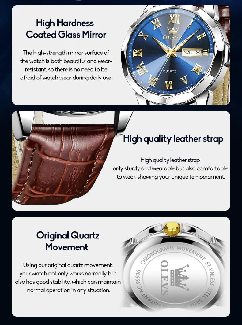 Quartz Watches, Leather Strap Gold Case with Day Date, Waterproof Stainless Steel Wrist Watch, Luminous Hand Analog routinely approximate Watches for Men, Brown/Black/Blue/White Dial OLEVS Men's Chronograph 