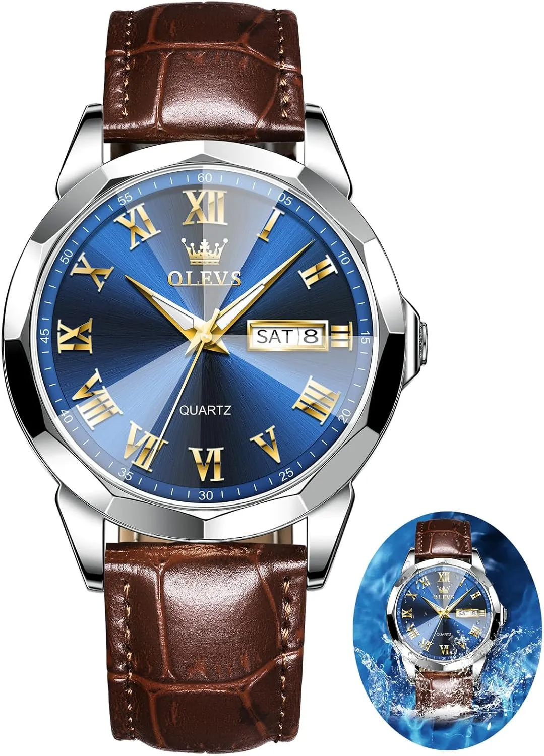 Quartz Watches, Leather Strap Gold Case with Day Date, Waterproof Stainless Steel Wrist Watch, Luminous Hand Analog routinely approximate Watches for Men, Brown/Black/Blue/White Dial OLEVS Men's Chronograph 
