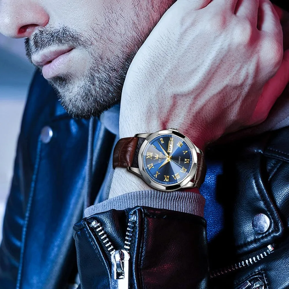 Quartz Watches, Leather Strap Gold Case with Day Date, Waterproof Stainless Steel Wrist Watch, Luminous Hand Analog routinely approximate Watches for Men, Brown/Black/Blue/White Dial OLEVS Men's Chronograph 