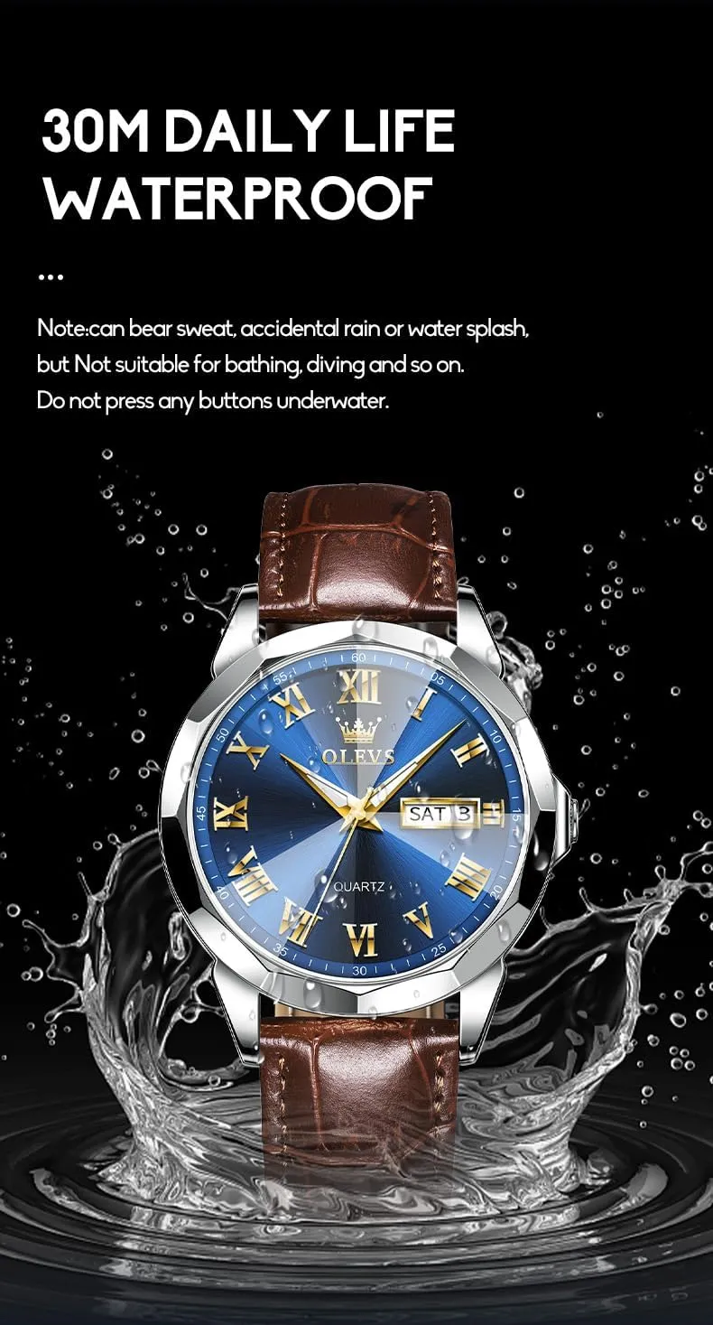 Quartz Watches, Leather Strap Gold Case with Day Date, Waterproof Stainless Steel Wrist Watch, Luminous Hand Analog routinely approximate Watches for Men, Brown/Black/Blue/White Dial OLEVS Men's Chronograph 