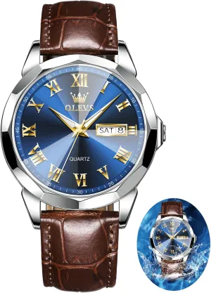 Quartz Watches, Leather Strap Gold Case with Day Date, Waterproof Stainless Steel Wrist Watch, Luminous Hand Analog routinely approximate Watches for Men, Brown/Black/Blue/White Dial OLEVS Men's Chronograph 