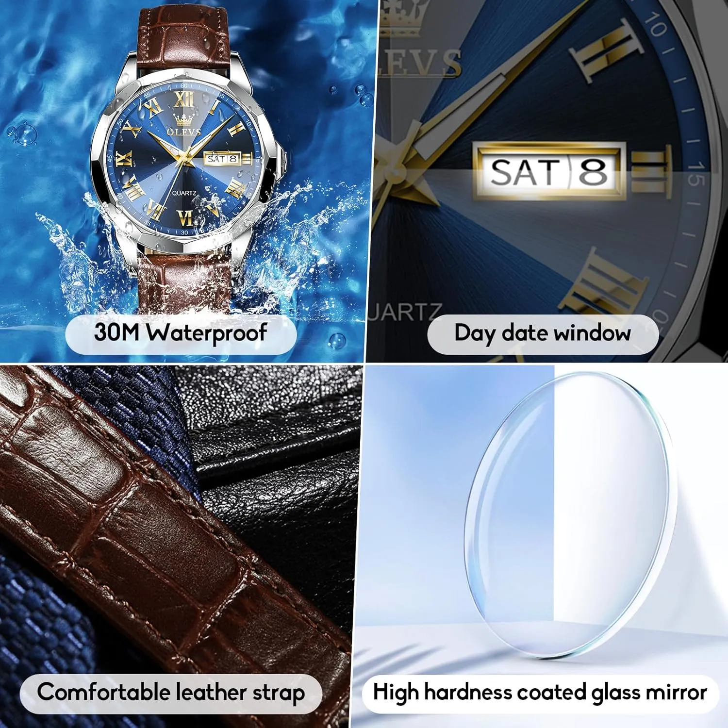 Quartz Watches, Leather Strap Gold Case with Day Date, Waterproof Stainless Steel Wrist Watch, Luminous Hand Analog routinely approximate Watches for Men, Brown/Black/Blue/White Dial OLEVS Men's Chronograph 