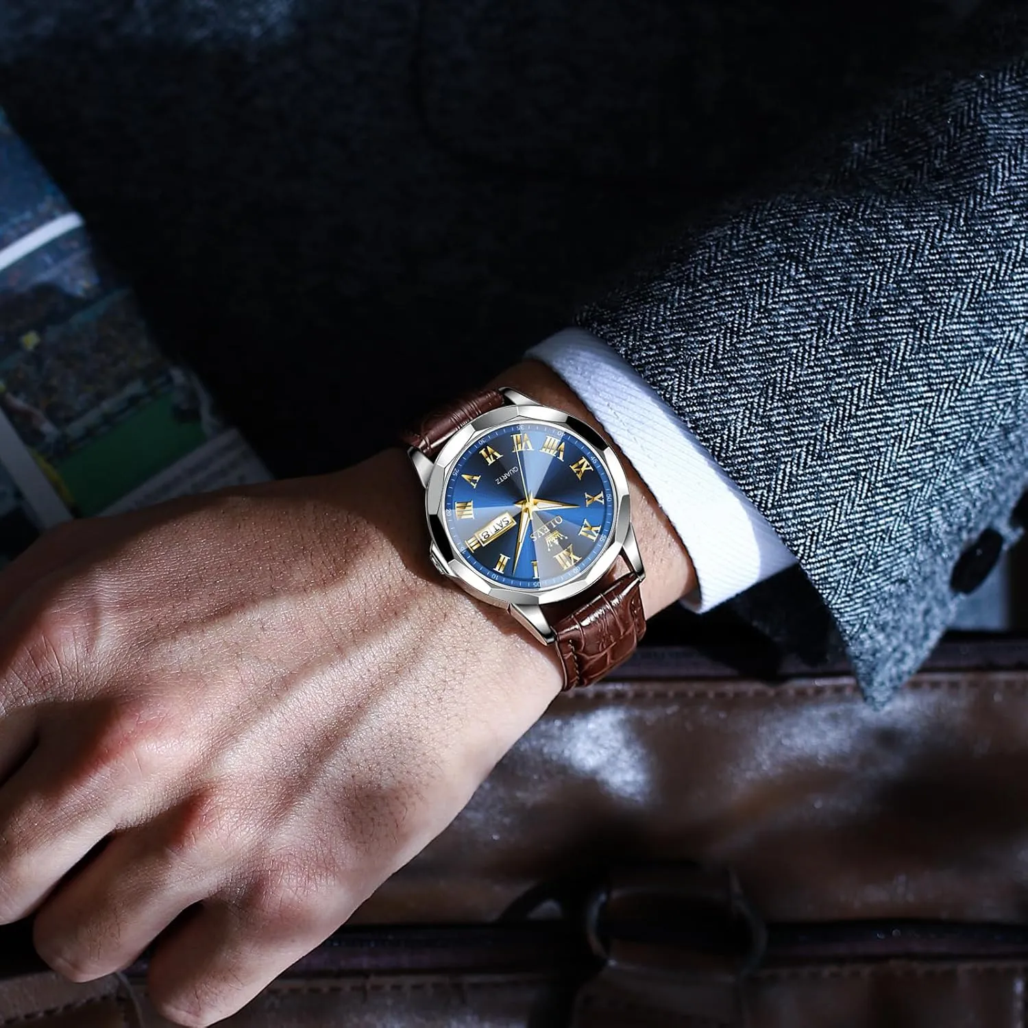 Quartz Watches, Leather Strap Gold Case with Day Date, Waterproof Stainless Steel Wrist Watch, Luminous Hand Analog routinely approximate Watches for Men, Brown/Black/Blue/White Dial OLEVS Men's Chronograph 