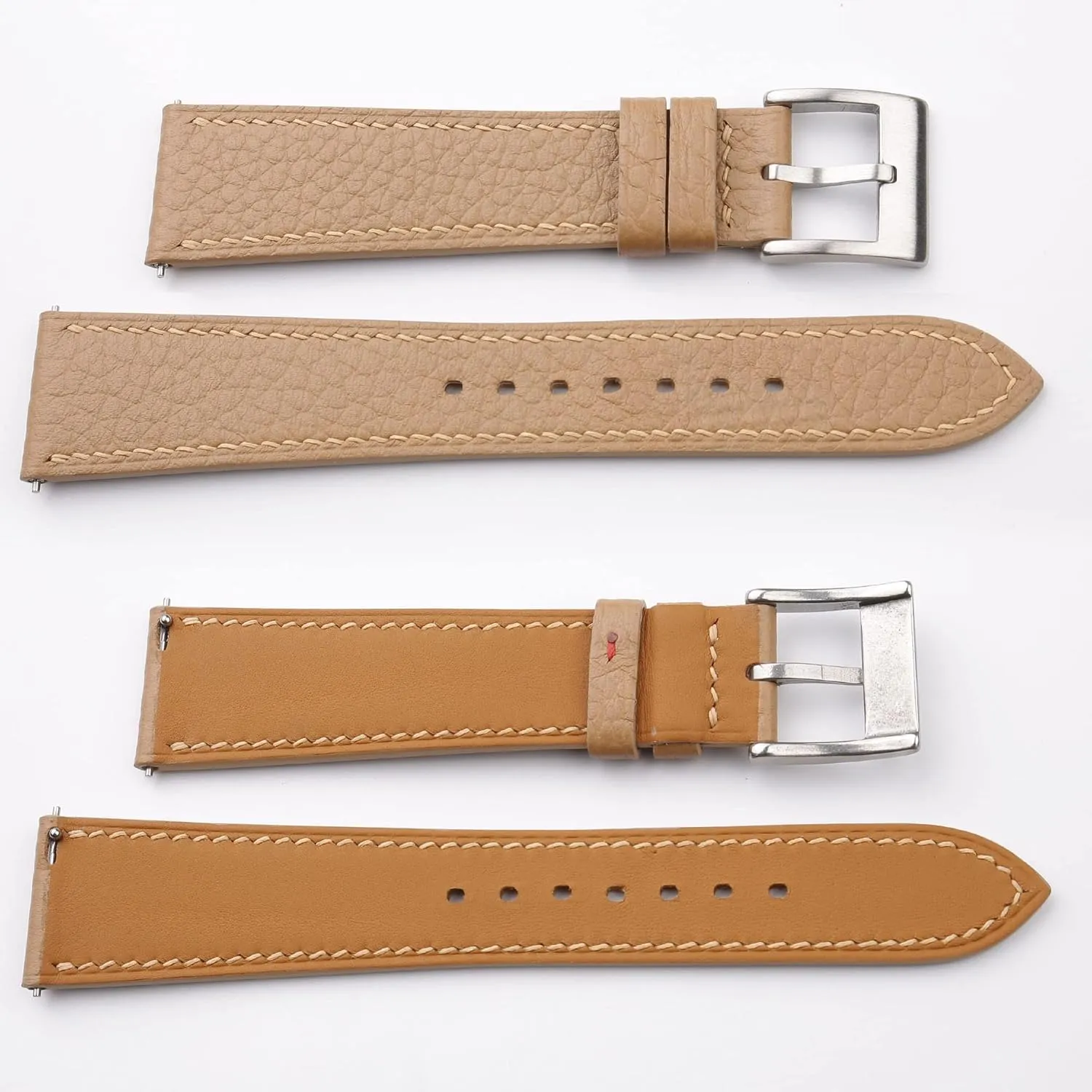 Quick Release Leather Watch Band 16mm 18mm 19mm tip 20mm 22mm 23mm For Men And Women (Beige) Handmade Calfskin Togo Leather Watch Strap, 