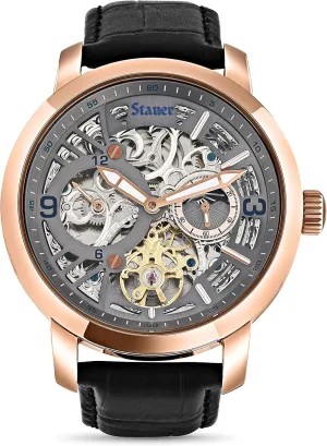 Ray Automatic Watch for Men ?C Transparent-Faced Skeleton & Rose Gold-Finished Watch Case ?C Black vacancy pet Crocodile-Embossed Leather Watch Band Stauer X 