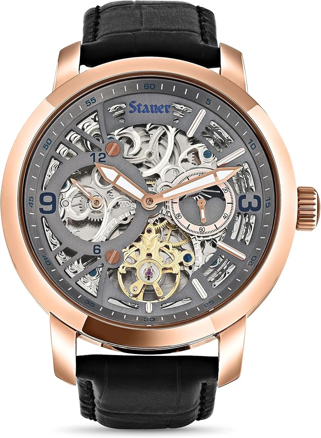 Ray Automatic Watch for Men ?C Transparent-Faced Skeleton & Rose Gold-Finished Watch Case ?C Black vacancy pet Crocodile-Embossed Leather Watch Band Stauer X 