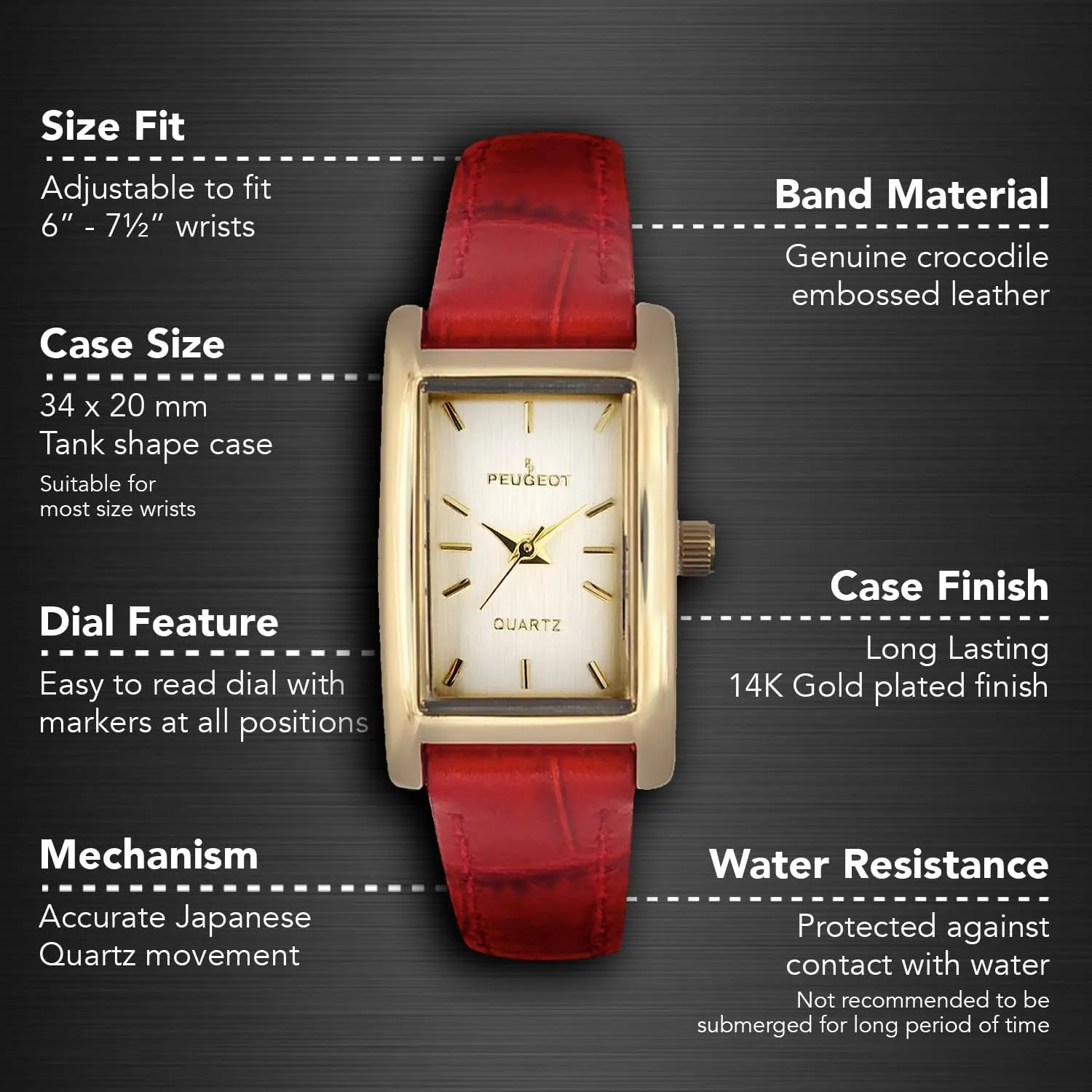 Read Dial Peugeot Women's Classic 14Kt Gold Plated Watch, Rectangular Tank Shape Case temperate seat flexible overkill tolerate with Leather Band and Easy to 