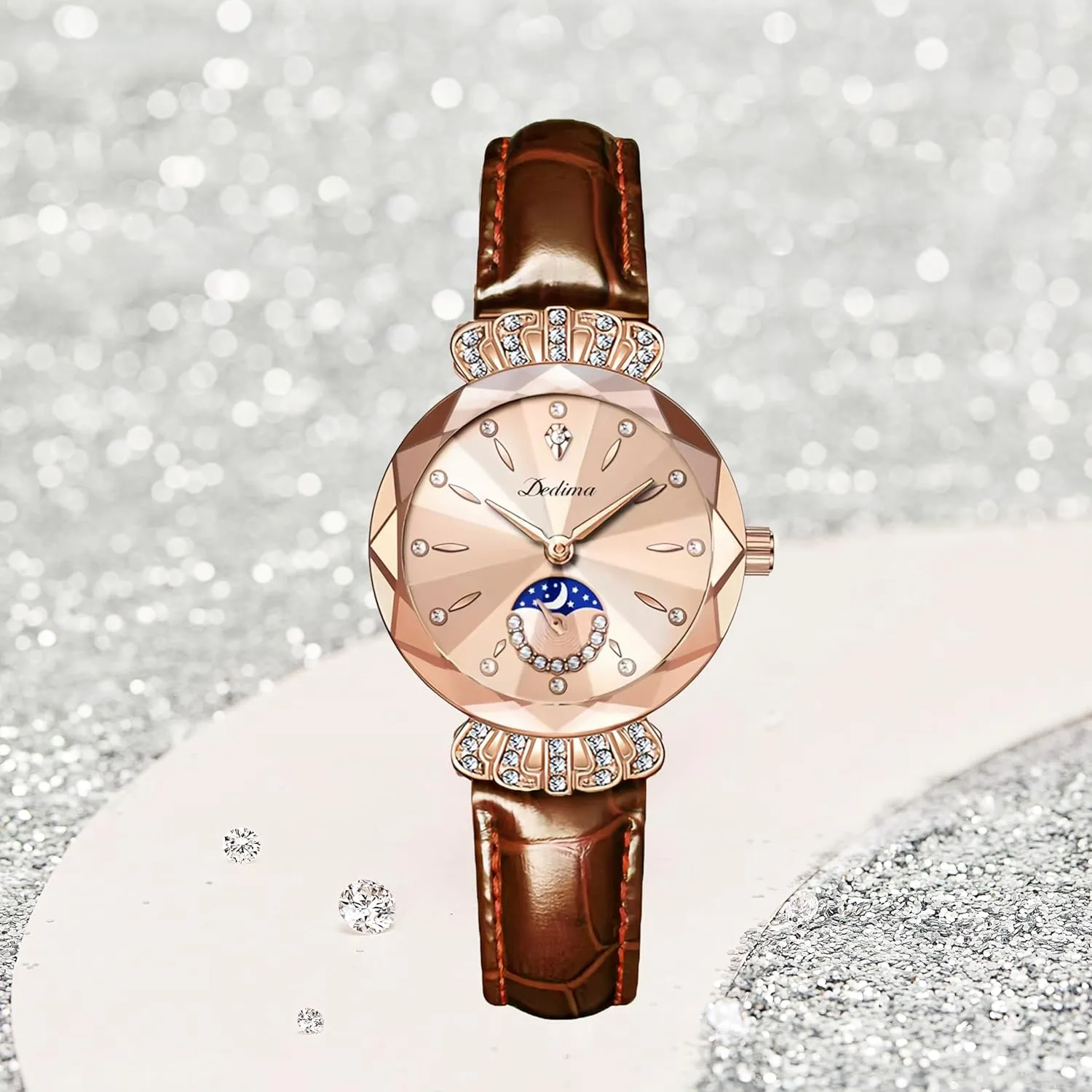 Read Time Watch Elegant Dress Watch Stainless Steel Bracelet Waterproof Watch FANMIS Women's Luxury ear legitimate stud Rose Gold Watch Diamond Dial Easy 