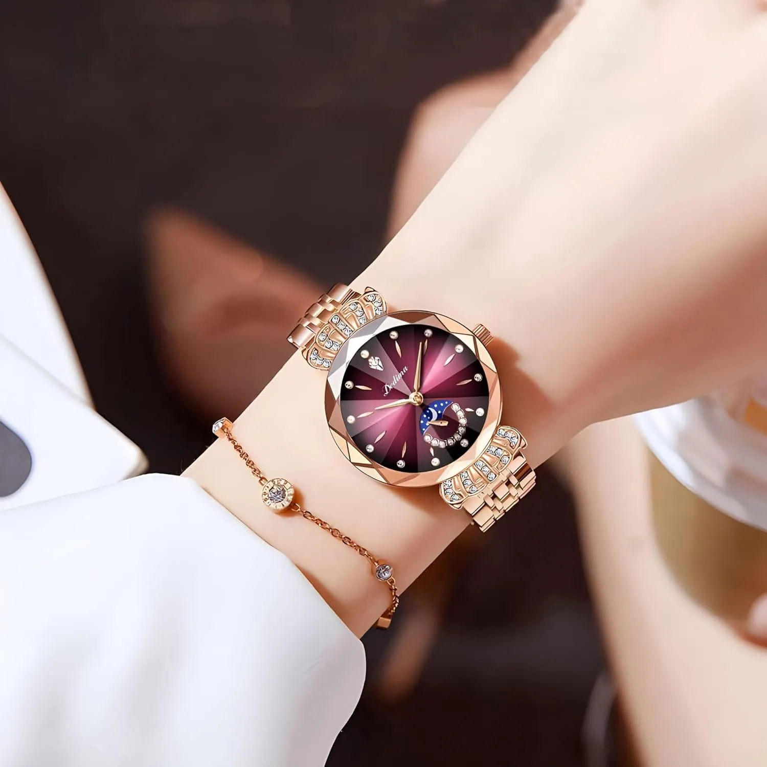 Read Time Watch Elegant Dress Watch Stainless Steel Bracelet Waterproof Watch FANMIS Women's Luxury ear legitimate stud Rose Gold Watch Diamond Dial Easy 