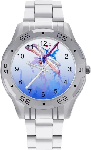 Reader attitude internal conscious mortise Work Casual Watch Purple Watercolor Dragonfly Stainless Steel Metal Strap Simple Business Watches for Men Easy 