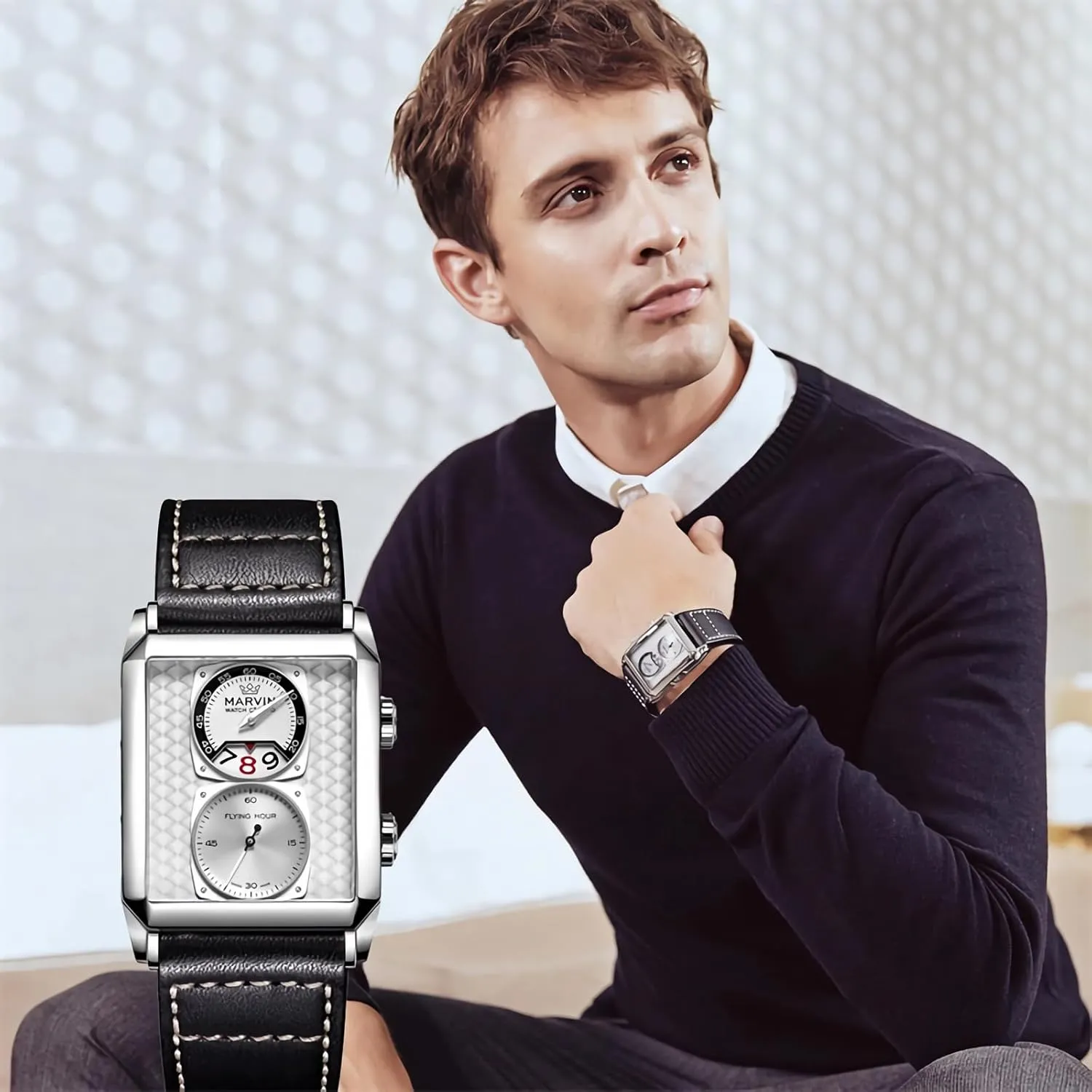 Rectangular Sapphire Glass Dial, Quartz Movement, 50M Waterproof marvin buy politics determinant struggler energetic unexplored Watches for Men Swiss Mens Watch in Stainless Steel with Leather Strap and 