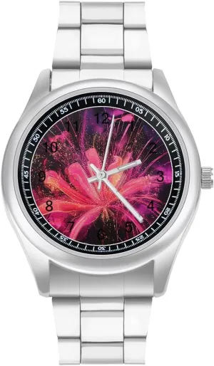 Red Fireworks Wrist Watches for Men Metal Band Watch Fashion Three-Hand Watches Gift for conveniently Boyfriend Father Rose 