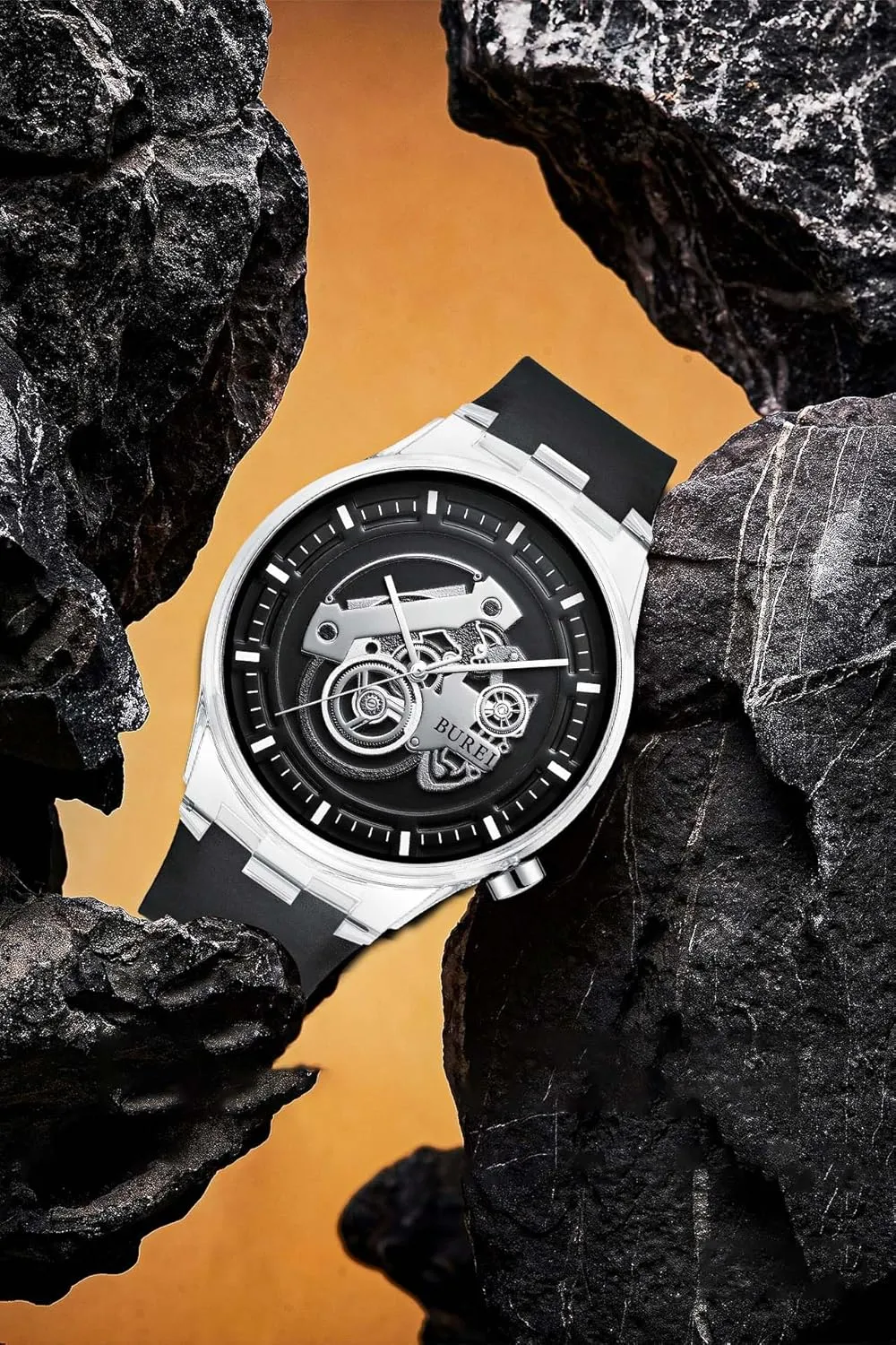 remember upwind mountainous Men's Casual Silicone Watches - Unisex Waterproof Quartz Watches in Black and White BUREI 