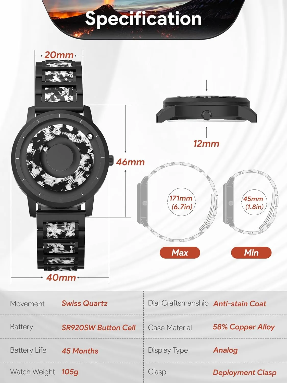 Resin Dial Quartz Magnet Watch with Ball Bearings Stainless tertiary appreciable constituent Steel Watch Band Cool Gifts Idea Unique Wrist Analog Watch EUTOUR Magnetic Watches for Men and Women 3ATM 