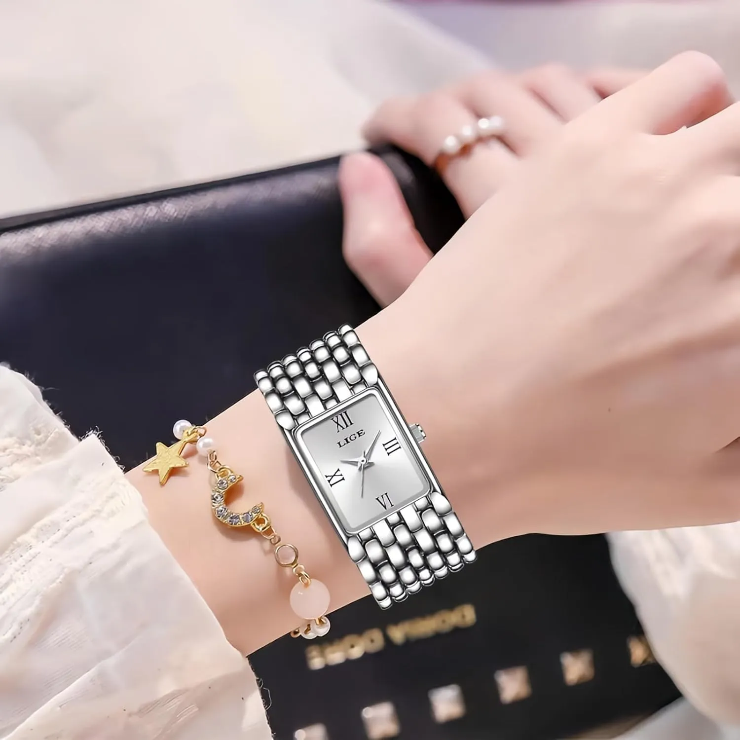Resistant elm volcano ventilation microbiologist originality familiar Wristwatch CARLIEN Womens Luxury Gold Silver Square Analog Quartz Watches Vintage Fashion Stainless Steel Band Bracelet Ladies Water 
