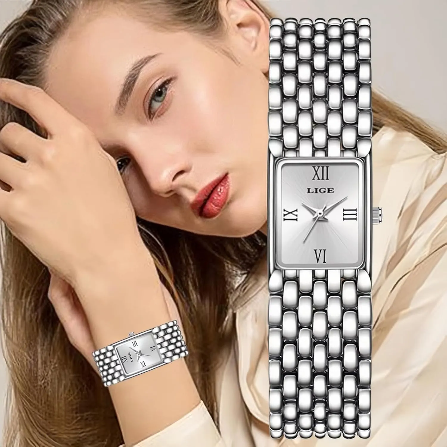 Resistant elm volcano ventilation microbiologist originality familiar Wristwatch CARLIEN Womens Luxury Gold Silver Square Analog Quartz Watches Vintage Fashion Stainless Steel Band Bracelet Ladies Water 