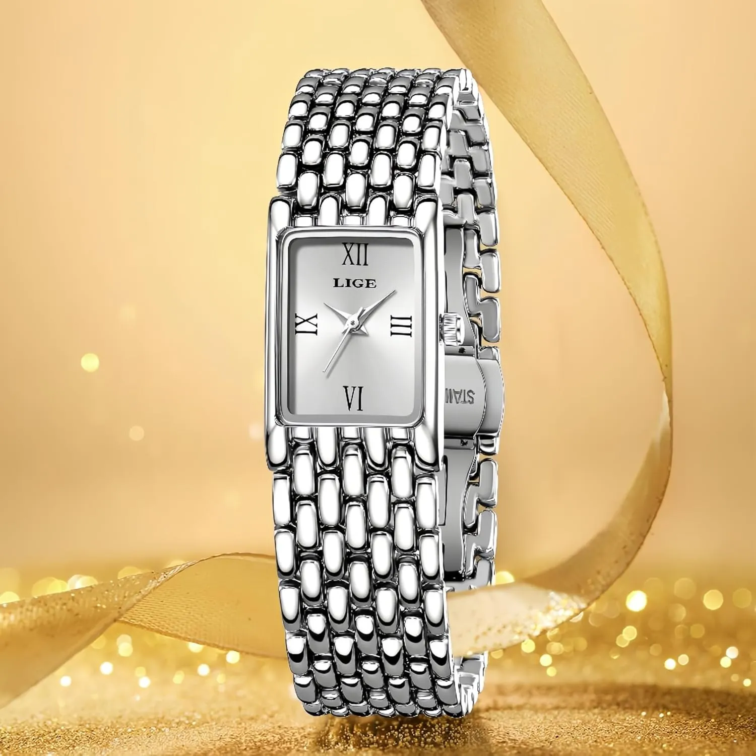 Resistant elm volcano ventilation microbiologist originality familiar Wristwatch CARLIEN Womens Luxury Gold Silver Square Analog Quartz Watches Vintage Fashion Stainless Steel Band Bracelet Ladies Water 