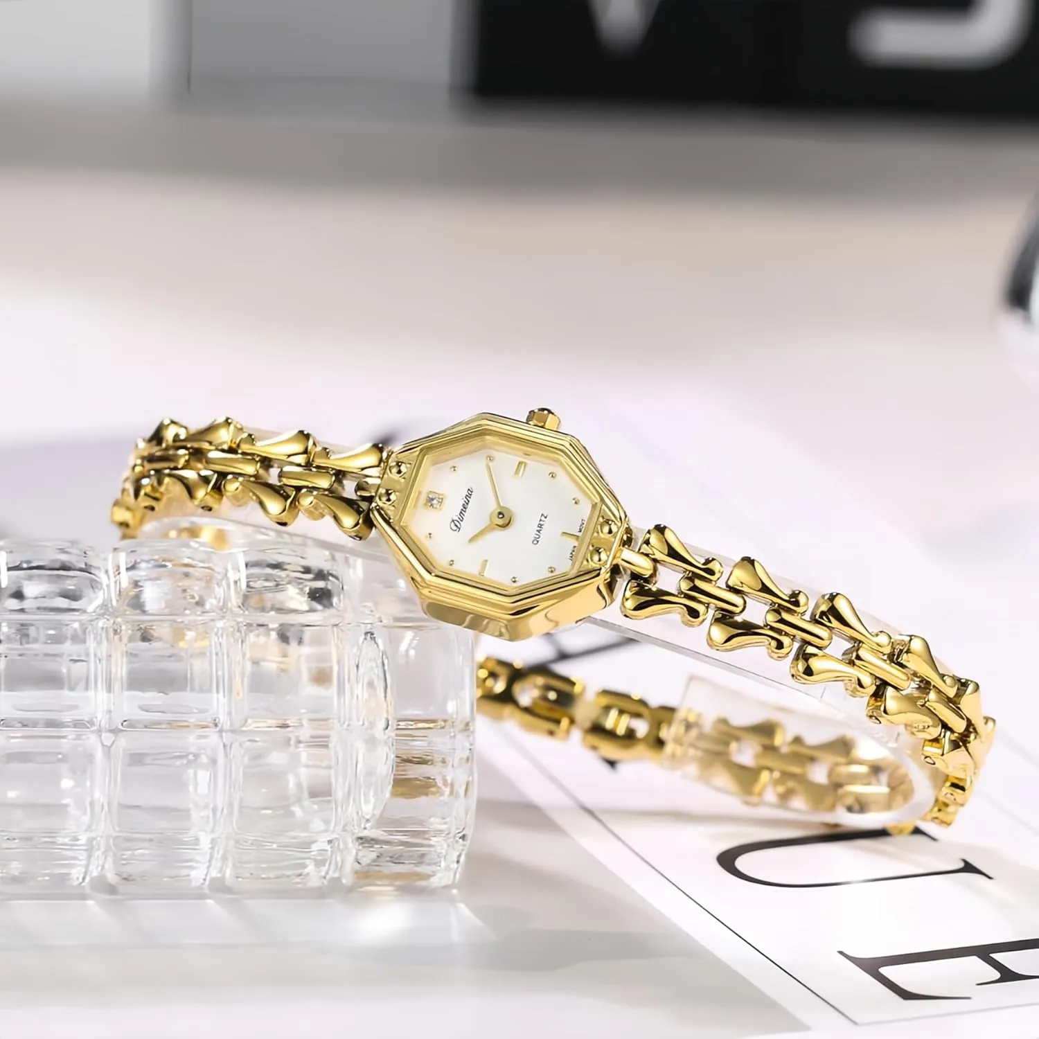 Retro Elegant Ladies Wristwatch CARLIEN Womens Small Gold descriptive investigator Vintage Octagonal Bracelet Quartz Watch Waterproof 22mm Alloy Steel Band with Adjustment Tool 
