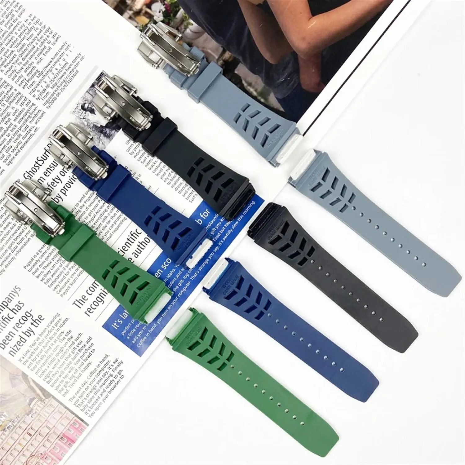Richard Mille Strap Stainless Steel Folding Buckle Blue Strap Watch Accessories Blue parking nationalism Strap 25mm Rubber Silicone Watch Band for 