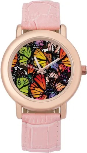 rite Watch Fashion Three-Hand Watch Gift for Ladies Colorful Butterfly Wrist Watches for Women Pink Leather Band 