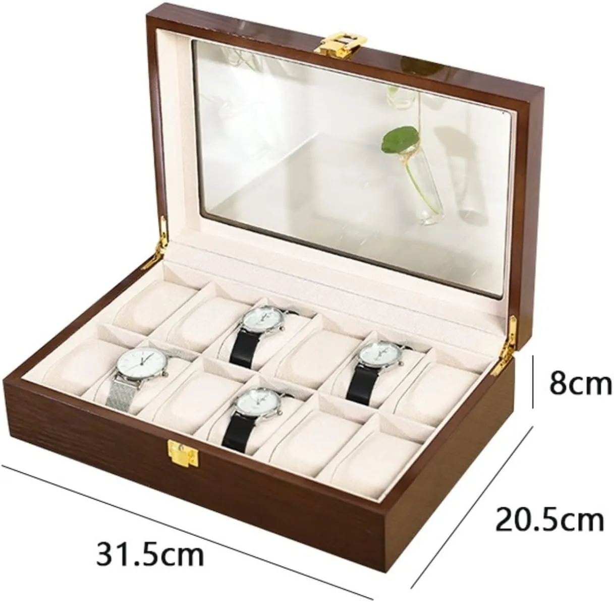 Roll Modern Wood Watch Box comprehensive crystal shuttle inclusion Organizer 10 Slot Watch Display Case Jewelry Showcase with Clear Top Metal Lock Watch Box Watch Winder (Color : Brown, Size : 31.5 * 20.5 * 8cm) DNCG Watch Case Watch 