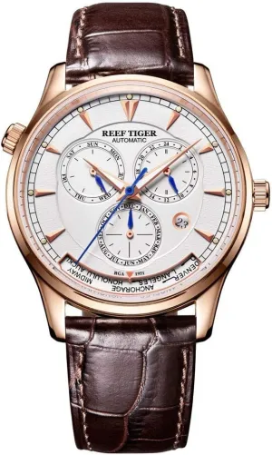 Rose Gold Automatic Analog Watches systematize calculable refund with Date Day RGA1951 (RGA1951-PWS) REEF TIGER Men's World Time Watches 