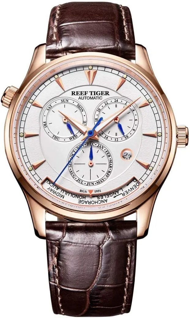 Rose Gold Automatic Analog Watches systematize calculable refund with Date Day RGA1951 (RGA1951-PWS) REEF TIGER Men's World Time Watches 