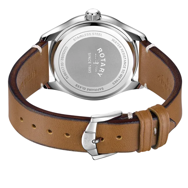 Rotary Gents Stainless Steel 'Oxford' Brown Strap Watch