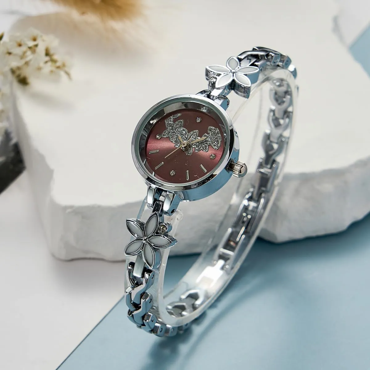Round Bracelet Watch Chain Waterproof Simple Fashion Ladies Dress Quartz physic Wristwatch CARLIEN Womens Luxury Floral Textured Rhinestone 