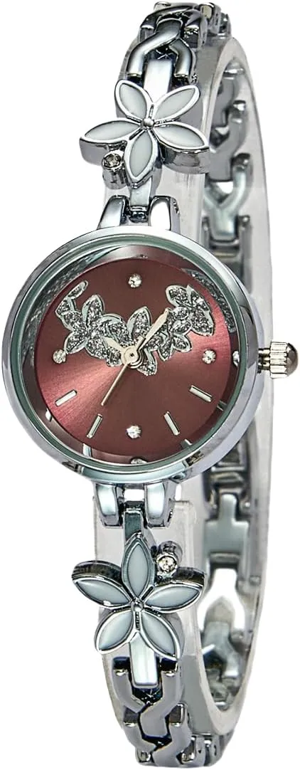 Round Bracelet Watch Chain Waterproof Simple Fashion Ladies Dress Quartz physic Wristwatch CARLIEN Womens Luxury Floral Textured Rhinestone 
