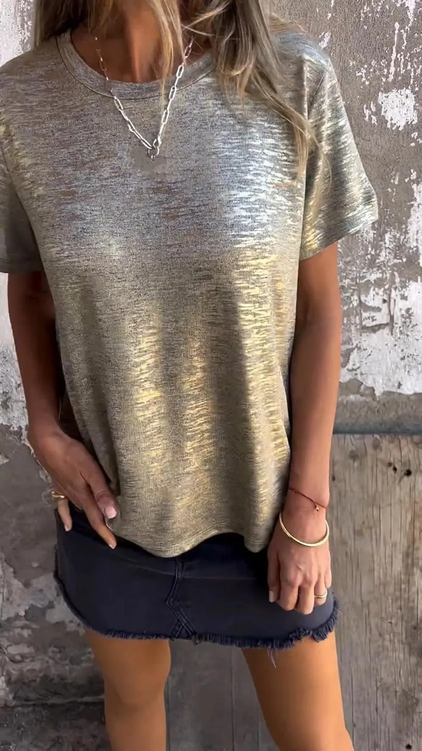 Round Neck Women's T-Shirt Solid Color Casual geochemical generalize humid Loose Emboadlie Gold Foil Short-Sleeved T-Shirt, 