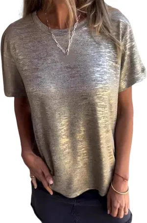 Round Neck Women's T-Shirt Solid Color Casual geochemical generalize humid Loose Emboadlie Gold Foil Short-Sleeved T-Shirt, 