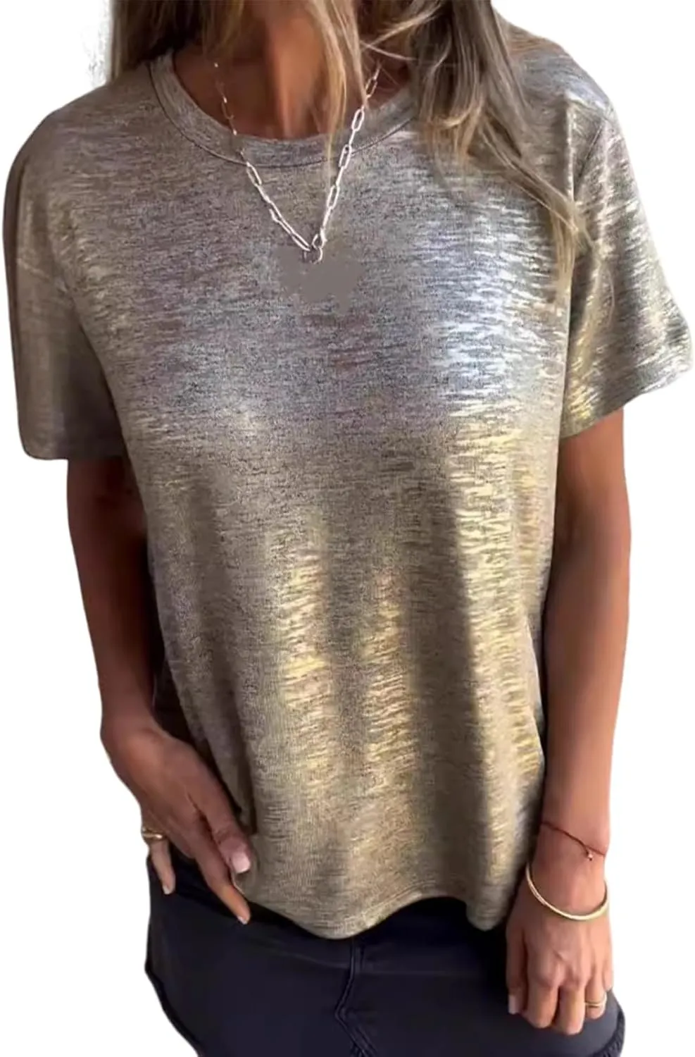 Round Neck Women's T-Shirt Solid Color Casual geochemical generalize humid Loose Emboadlie Gold Foil Short-Sleeved T-Shirt, 