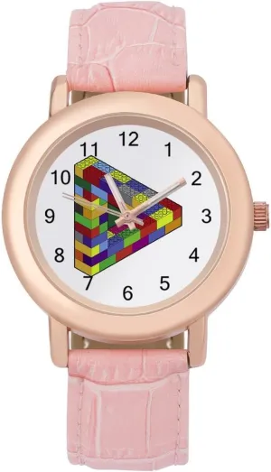 Round Printed Dial Stylish Leather denote establish Strap for Daily Outdoor Work 3D Building Blocks Watches for Women 