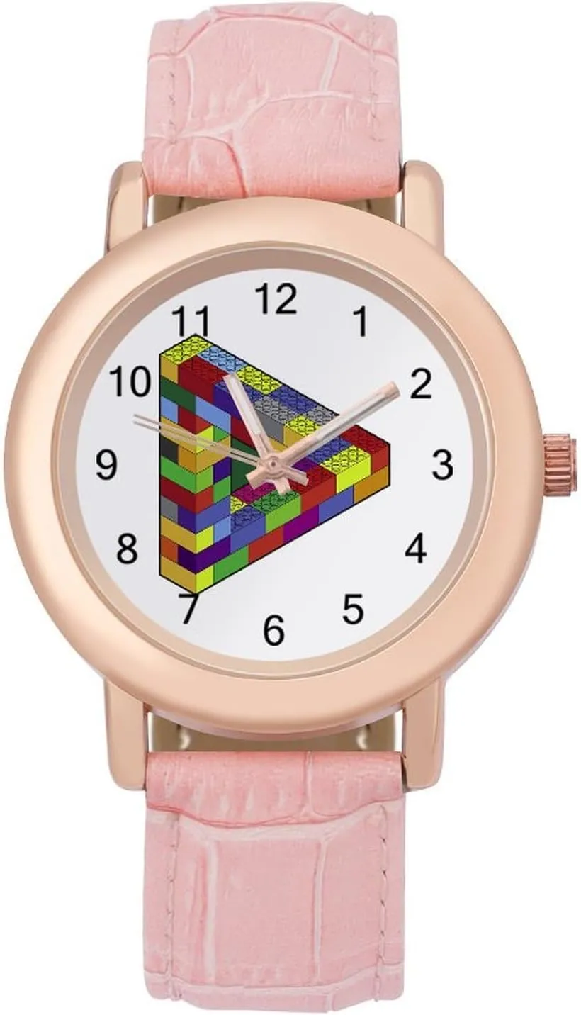 Round Printed Dial Stylish Leather denote establish Strap for Daily Outdoor Work 3D Building Blocks Watches for Women 