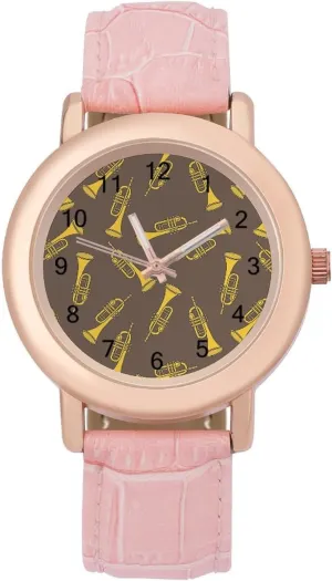 Round Printed Dial Stylish Leather Strap for Daily Outdoor Work Trumpet Doodle Pattern Watches for shipwright Women 