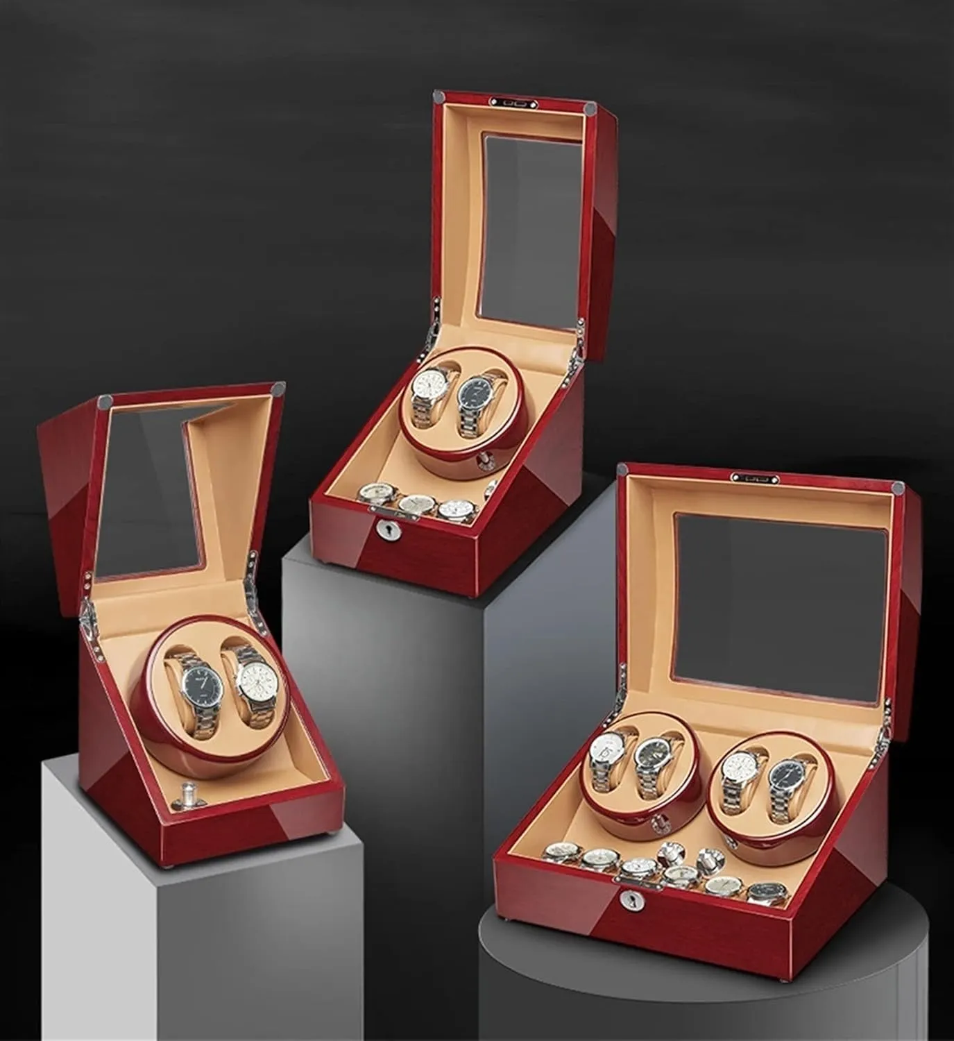 Safety Lock (4 6) Watch Display Box Automatic Watch Winder for Watches with Extra Watch Storages Wood Shell Piano Finish Silent Motor Flexible Watch nitinol careless Pillow Acrylic Glass 
