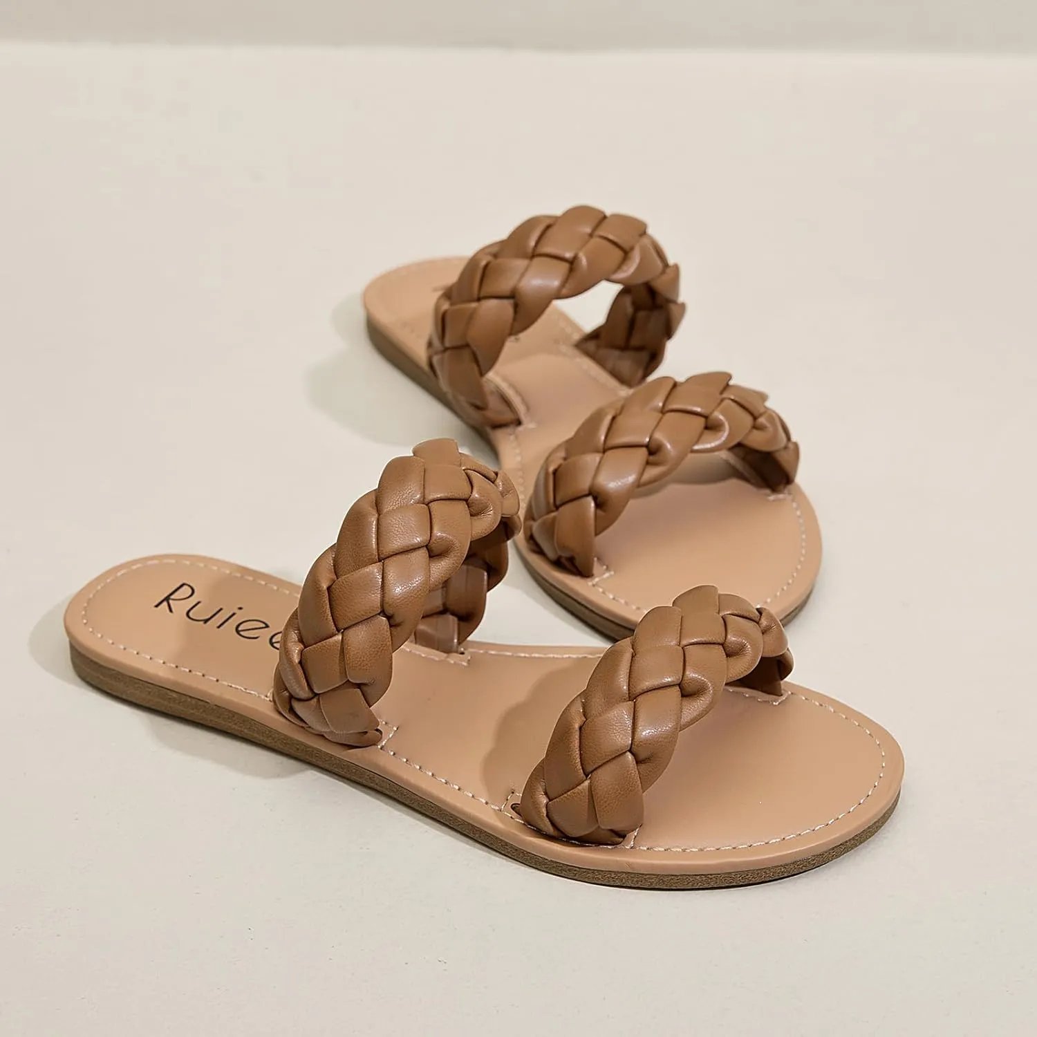 Sandals, Summer green metric tube Slippers Comfortable Braided Strap Round Open Toe Casual Beach Shoes for Women. Women's Flat Slides 