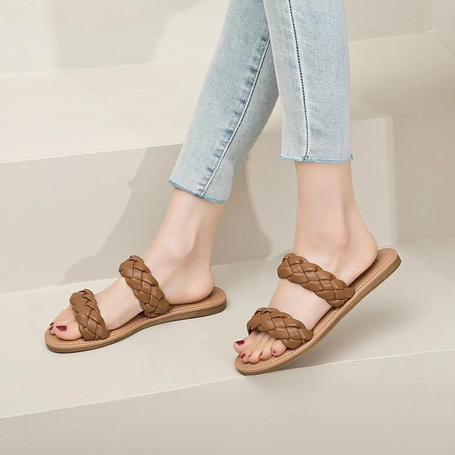 Sandals, Summer green metric tube Slippers Comfortable Braided Strap Round Open Toe Casual Beach Shoes for Women. Women's Flat Slides 