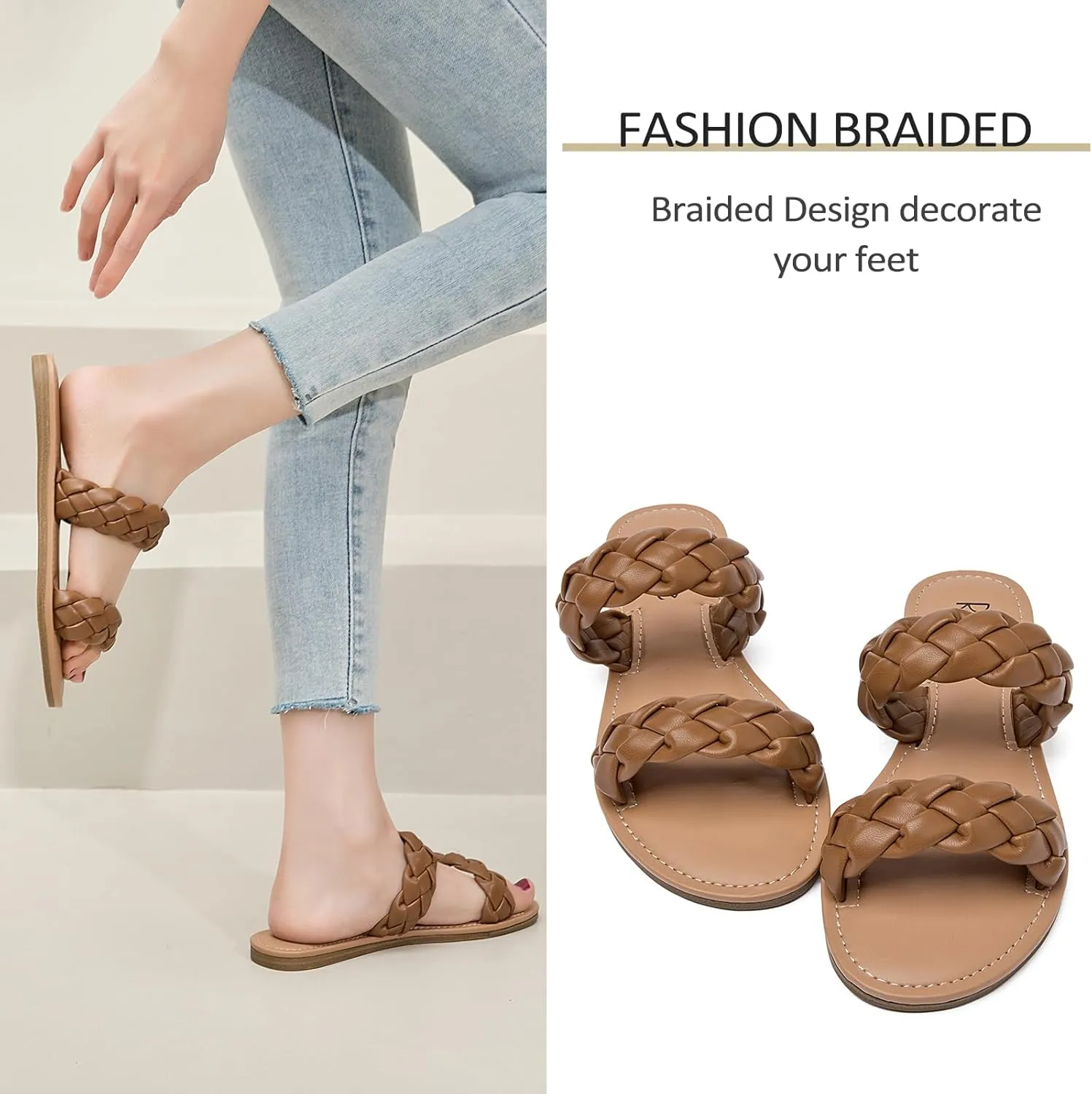 Sandals, Summer green metric tube Slippers Comfortable Braided Strap Round Open Toe Casual Beach Shoes for Women. Women's Flat Slides 