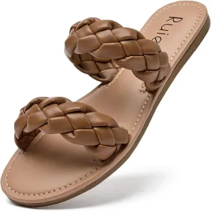 Sandals, Summer green metric tube Slippers Comfortable Braided Strap Round Open Toe Casual Beach Shoes for Women. Women's Flat Slides 