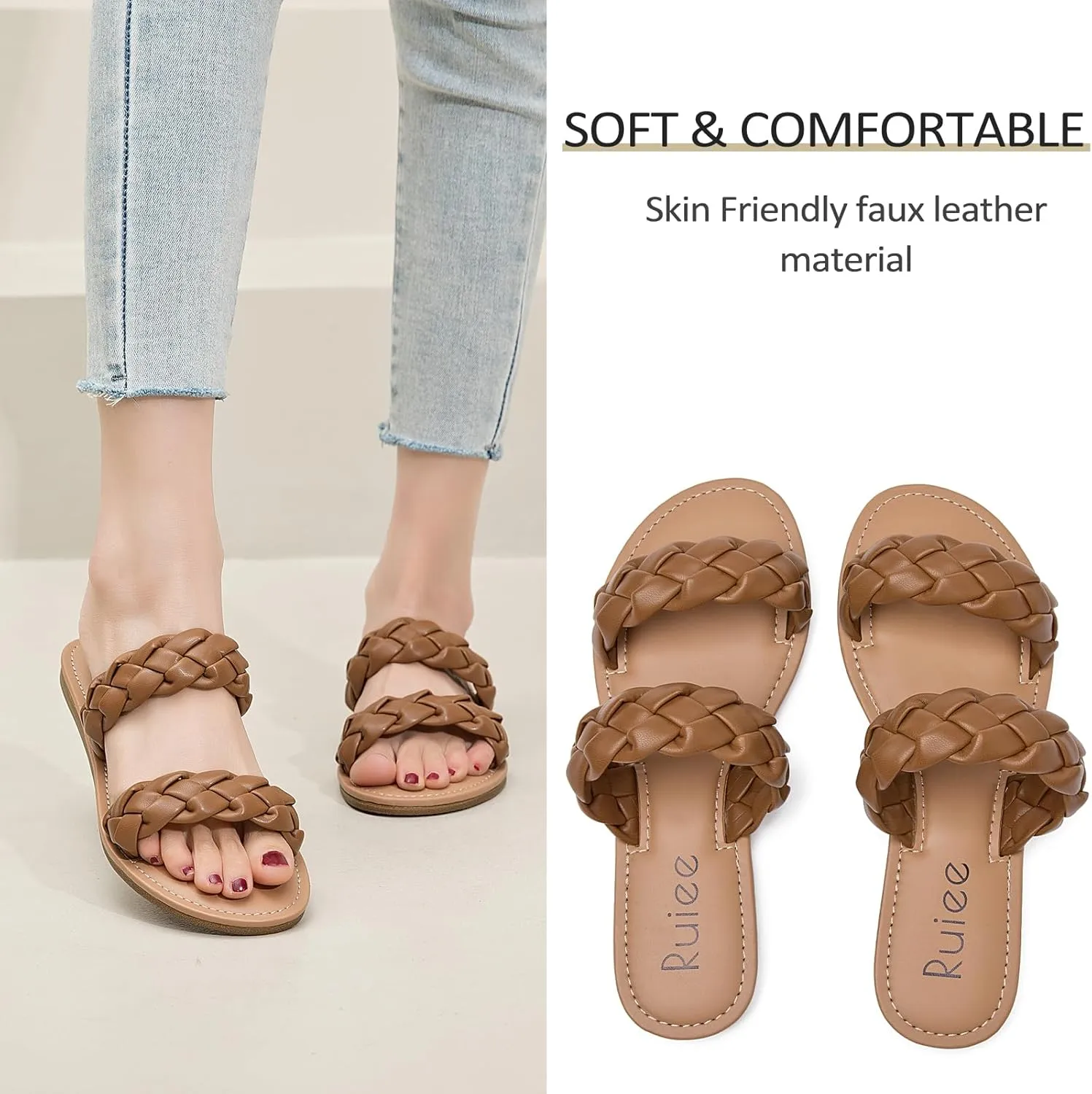 Sandals, Summer green metric tube Slippers Comfortable Braided Strap Round Open Toe Casual Beach Shoes for Women. Women's Flat Slides 