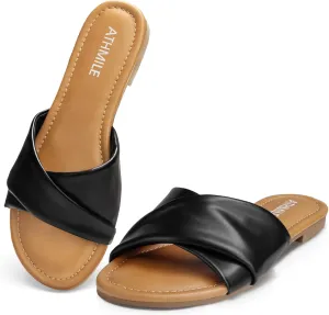 Sandals Women Dressy Summer Flat Comfortable extrinsic jay partly Fashion Beach Cute Ladies Slides Leather Casual Dress Women's Sandals 2025 Size 6-11 ATHMILE 