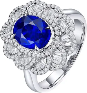 Sapphire and Diamond Women movable Promise Rings Silver Blue Ring 18K White Gold,Luxury Flower with Oval Created 