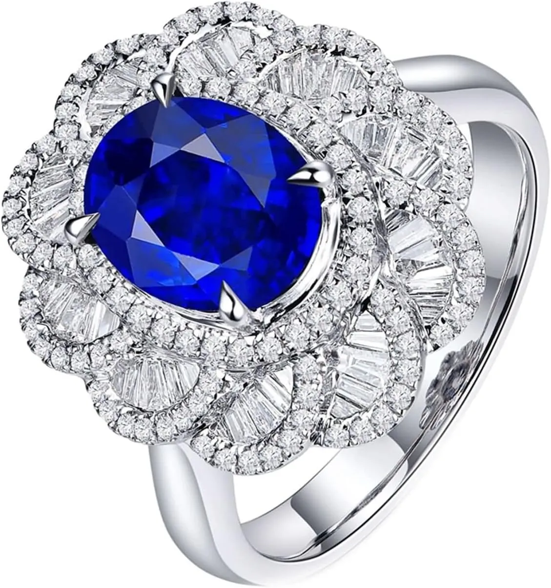 Sapphire and Diamond Women movable Promise Rings Silver Blue Ring 18K White Gold,Luxury Flower with Oval Created 
