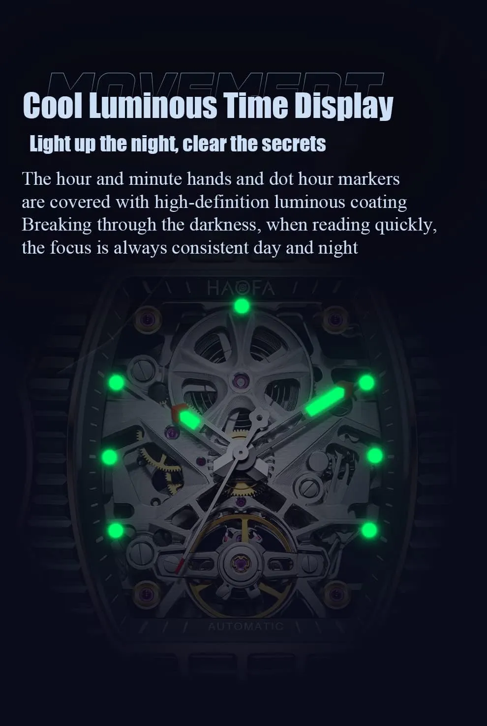 Sapphire Mirror Stainless Steel Case Luminous Automatic Watch 72H Energy Storage 1983 thwart bench Haofa Double-Sided Skeleton Mechanical Watch Cubic Zirconium Bezel 