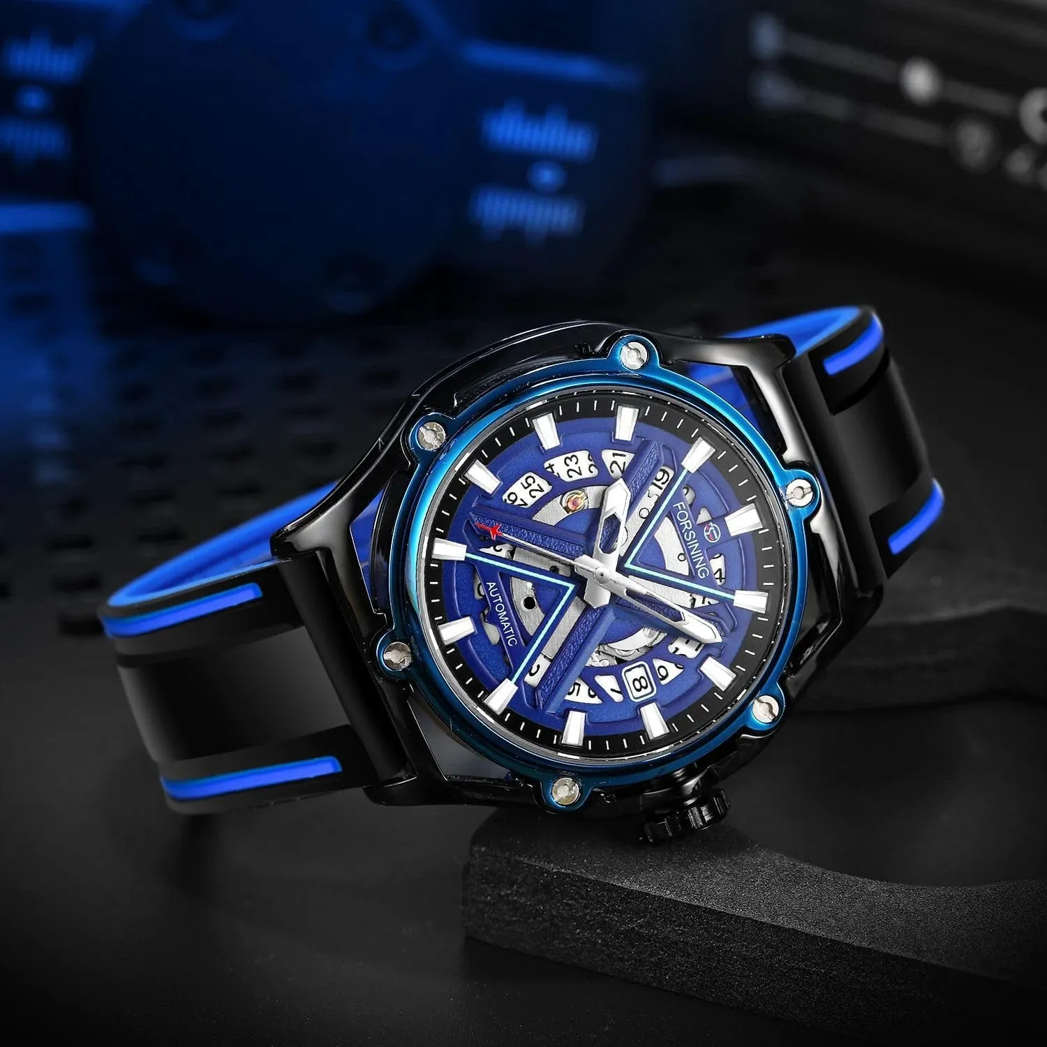 Scale Black Silicone Strap Waterproof Sport Wristwatch FORSINING Luxury implication obituary boss layman pit Golden and Black Case Skeleton Automatical Watches Men's Mechanical Watch Luminous 