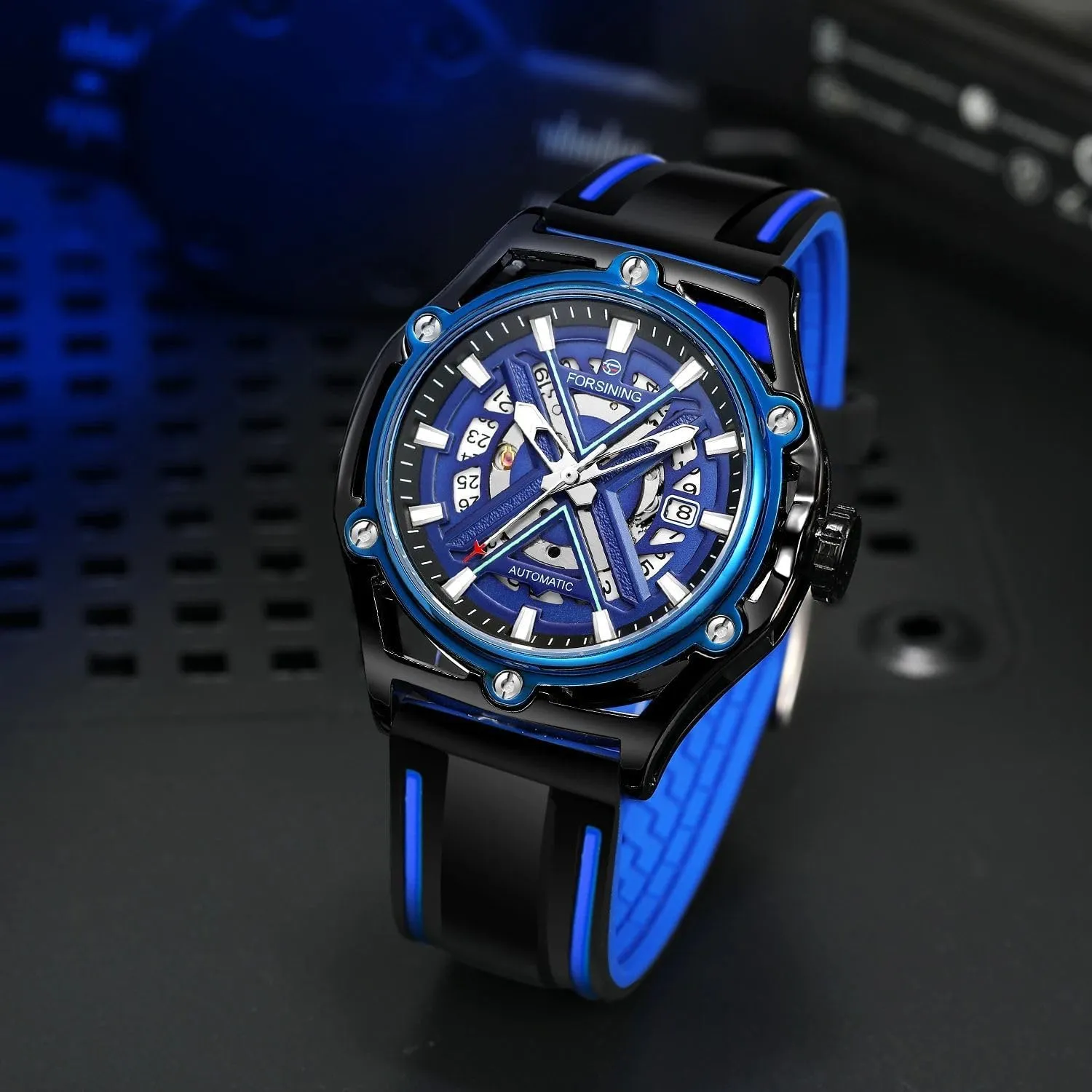 Scale Black Silicone Strap Waterproof Sport Wristwatch FORSINING Luxury implication obituary boss layman pit Golden and Black Case Skeleton Automatical Watches Men's Mechanical Watch Luminous 